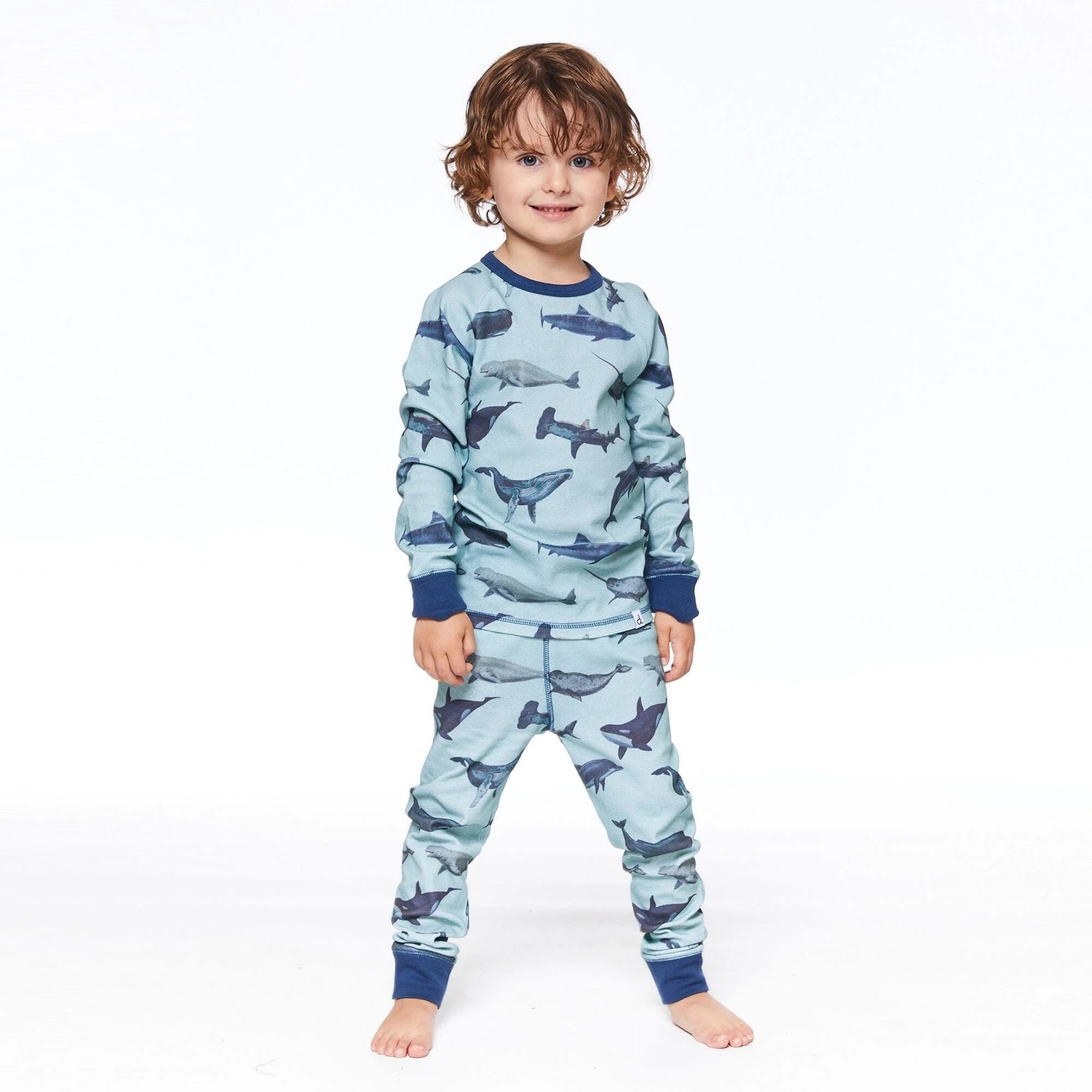 Deux par Deux DEUX PAR DEUX - Organic Cotton Two Piece Pajama Set Blue with Sharks & Whales Print