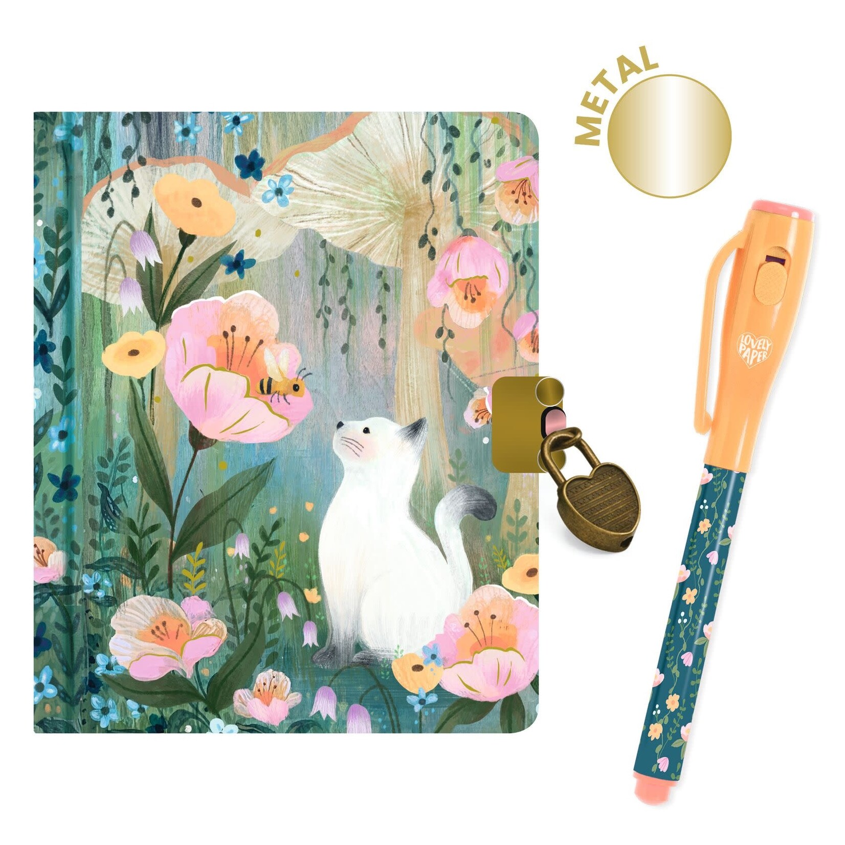 Djeco DJECO - Small Secret Diary with Cat and Flowers Print and Magic Pen 'Kendra'