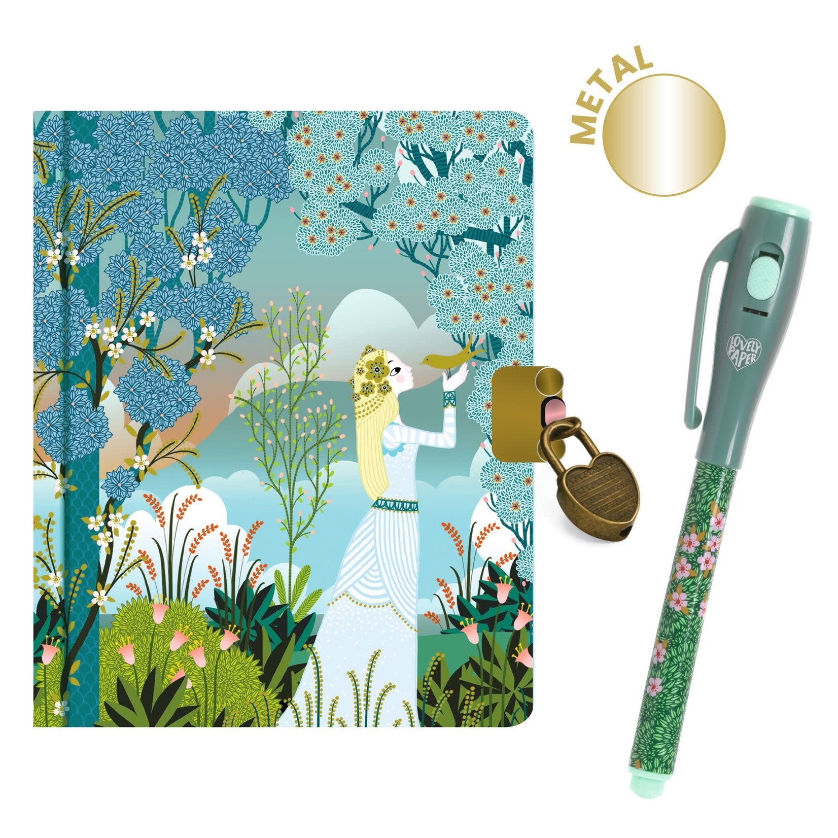 Djeco DJECO - Petit carnet secret avec crayon magique motif de fille et oiseaux 'Charlotte'