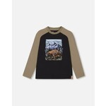 Deux par Deux DEUX PAR DEUX - Raglan Jersey T-Shirt With Buffalo Print - Kaki and black