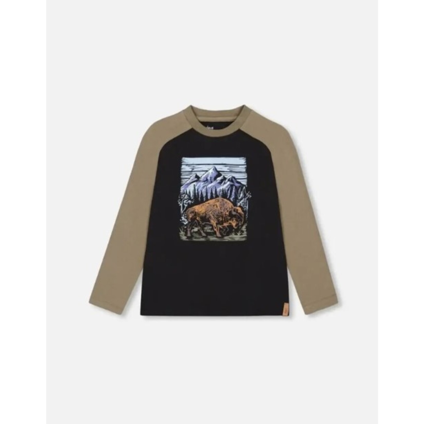 Deux par Deux DEUX PAR DEUX - Raglan Jersey T-Shirt With Buffalo Print - Kaki and black