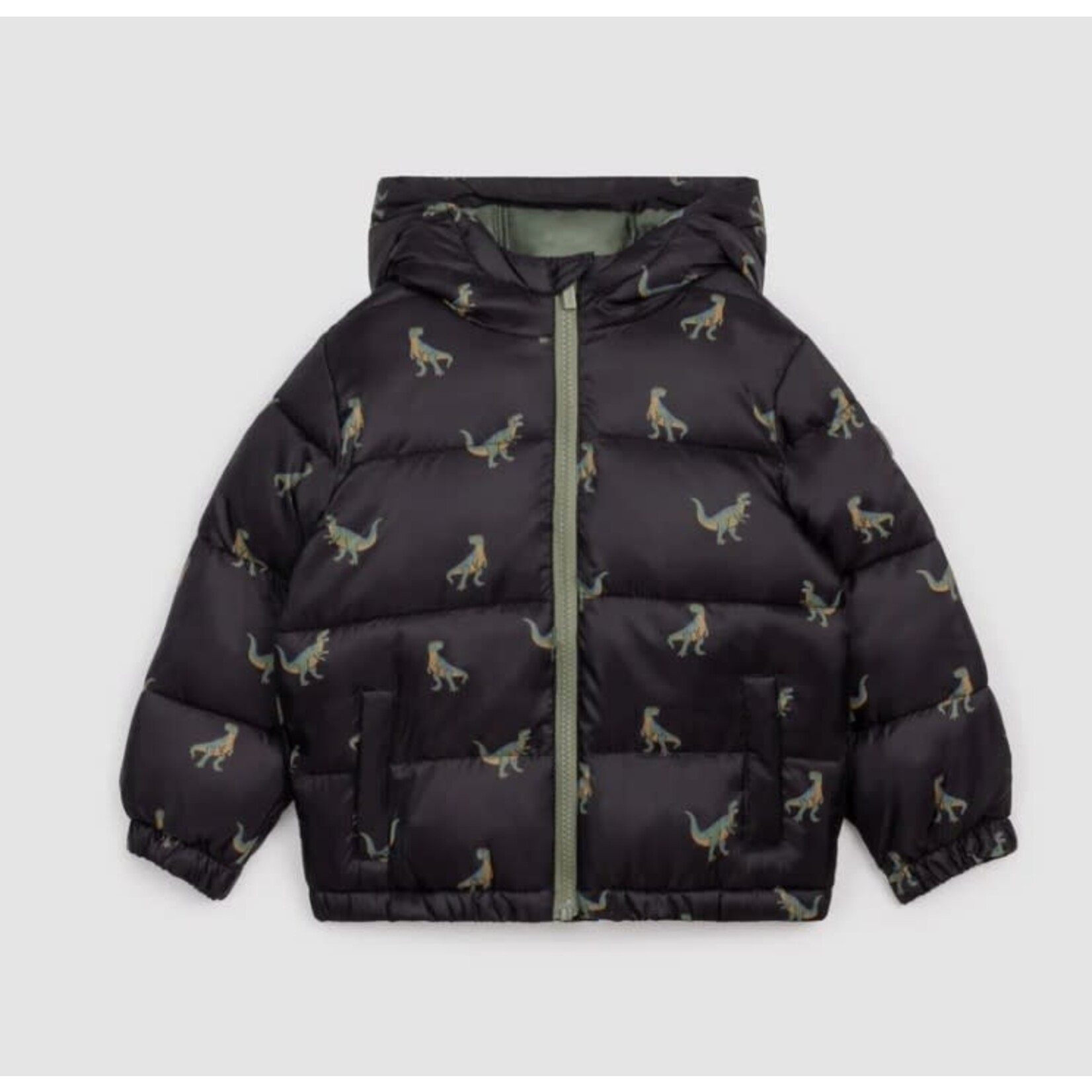 Miles the label MILES THE LABEL - Fall Black and Kaki Puffer Jacket with Dinosaur Print