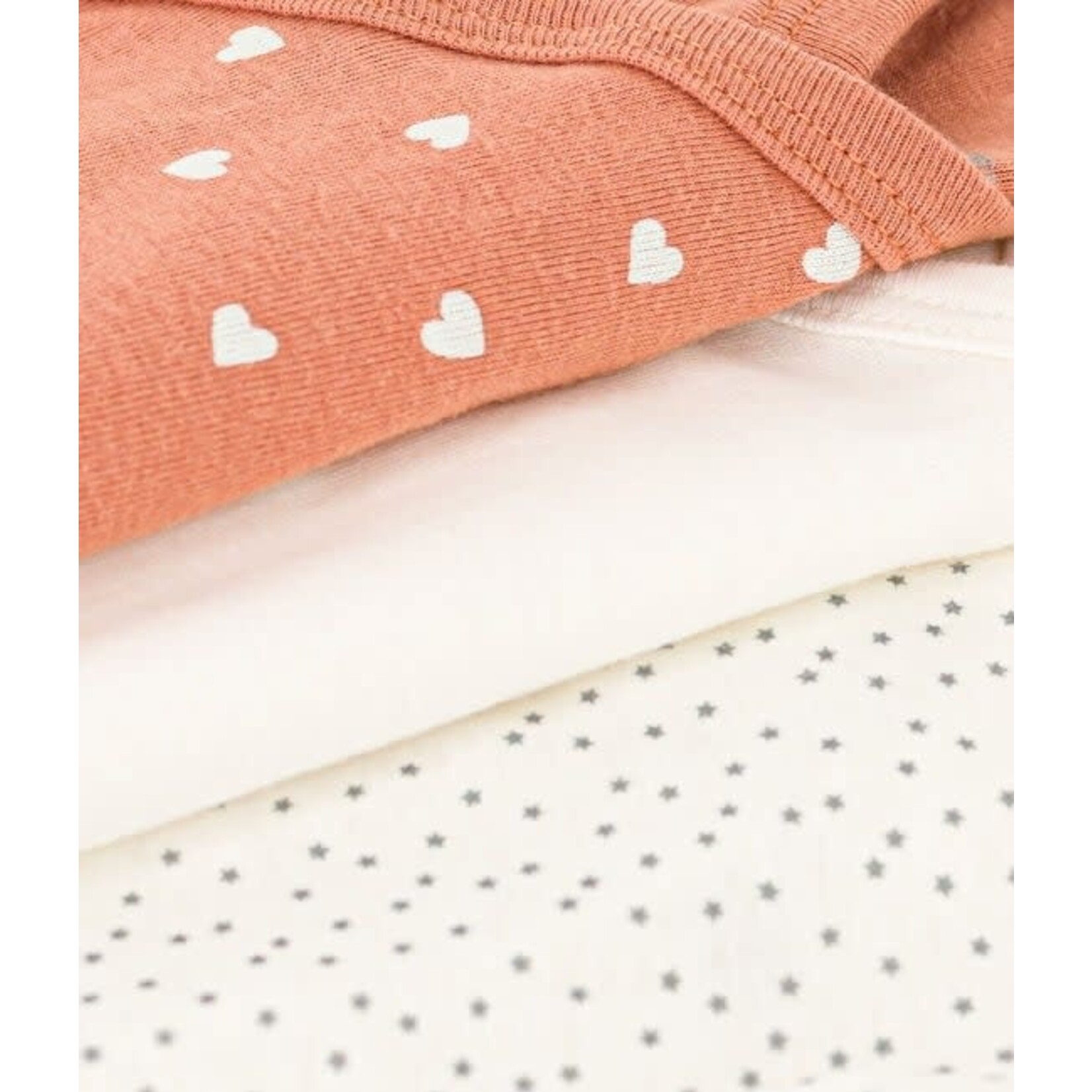 Petit Bateau PETIT BATEAU - Set of 3 Wrapover Long Sleeve Bodysuits 'Terracotta Hearts/White Stars/Plain White'