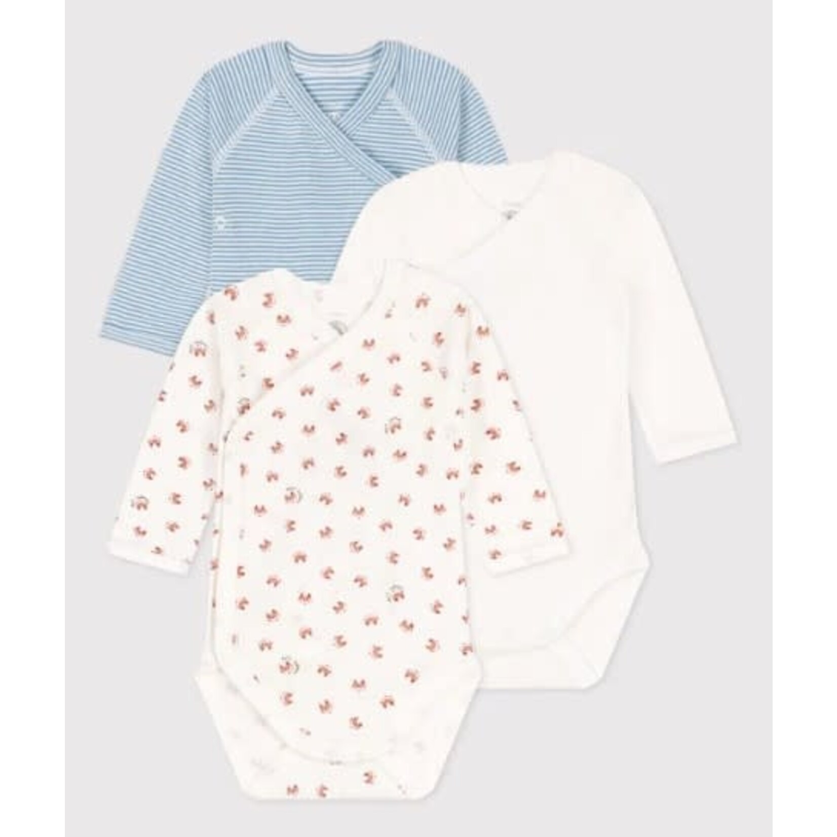 Petit Bateau PETIT BATEAU - Set of 3 Wrapover Long Sleeve Bodysuits 'Foxes/Blue Stripes/Plain White'