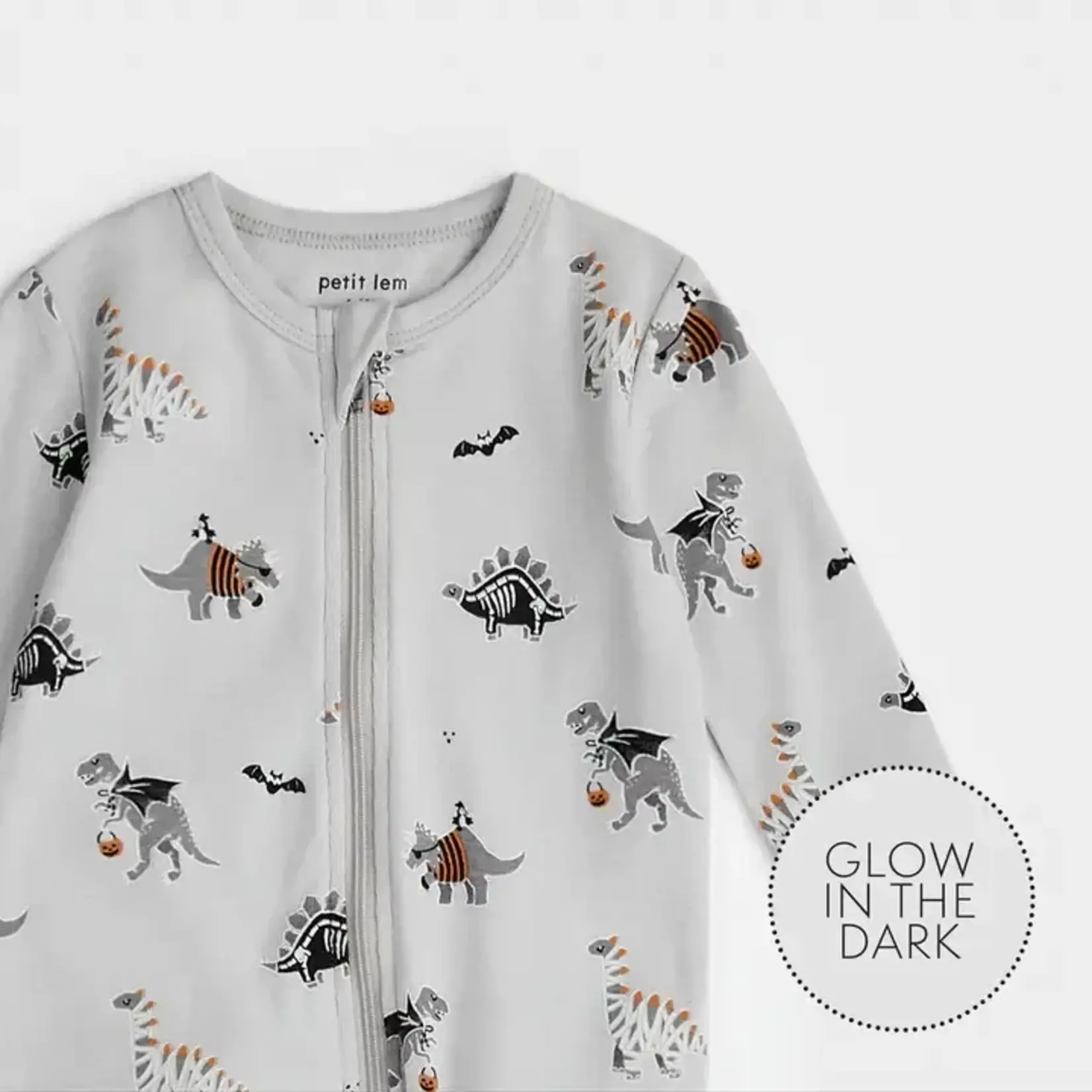 Petit Lem PETIT LEM - Lunar Grey Halloween Footed Pyjama with Glow in the Dark 'Dinoscaries' Print