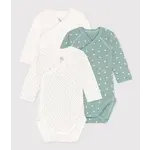 Petit Bateau PETIT BATEAU - Set of 3 Wrapover Long Sleeve Bodysuits 'Green Stars/White Stars/Plain White'