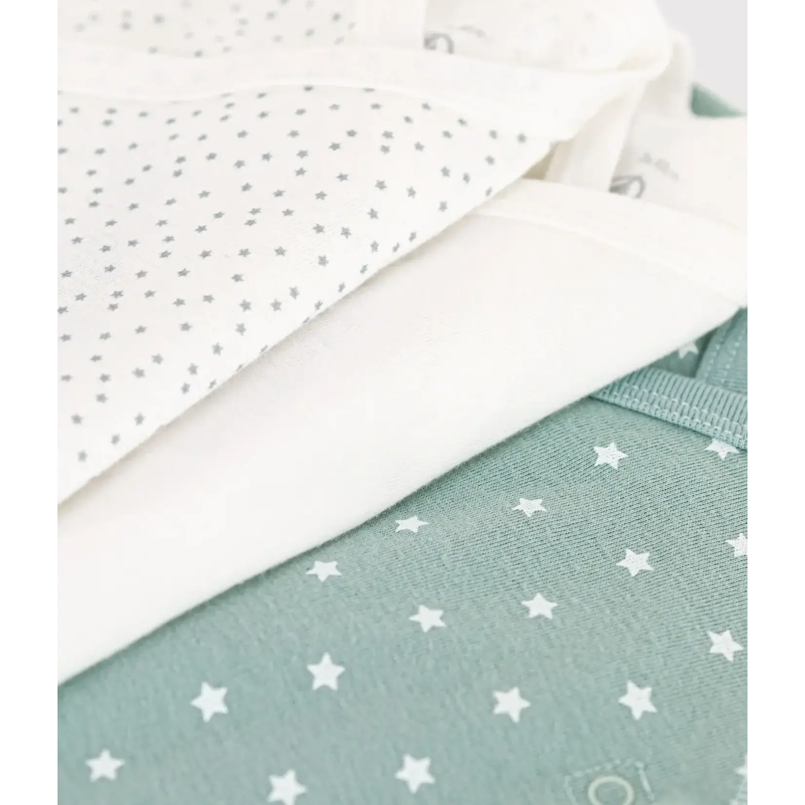 Petit Bateau PETIT BATEAU - Set of 3 Wrapover Long Sleeve Bodysuits 'Green Stars/White Stars/Plain White'