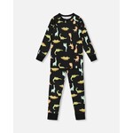 Deux par Deux DEUX PAR DEUX - Black Organic Cotton Pyjamas Set with Dinosaur Print