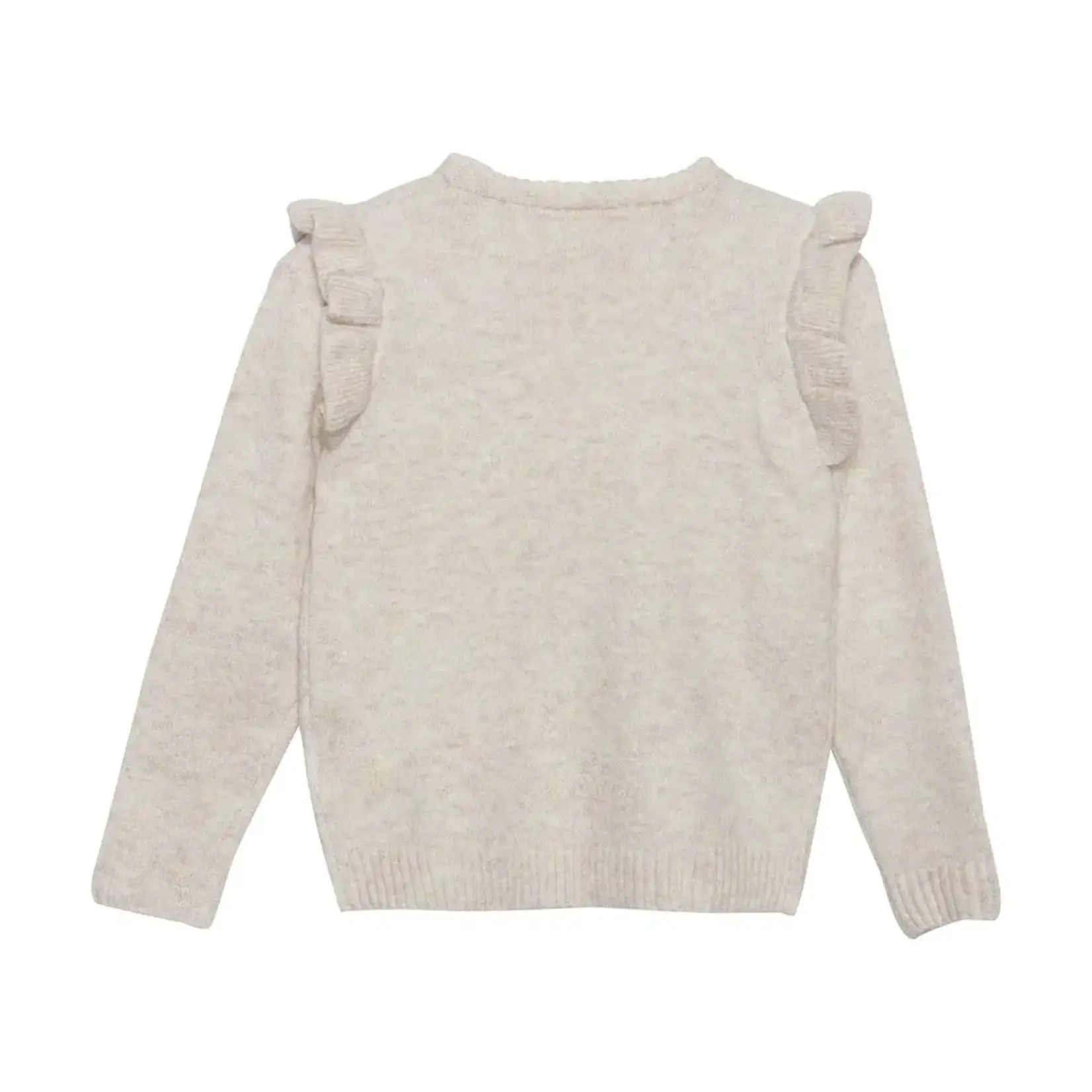 Minymo MINYMO - Heather Beige Knit Sweater with Flower Embroidery and Ruffles