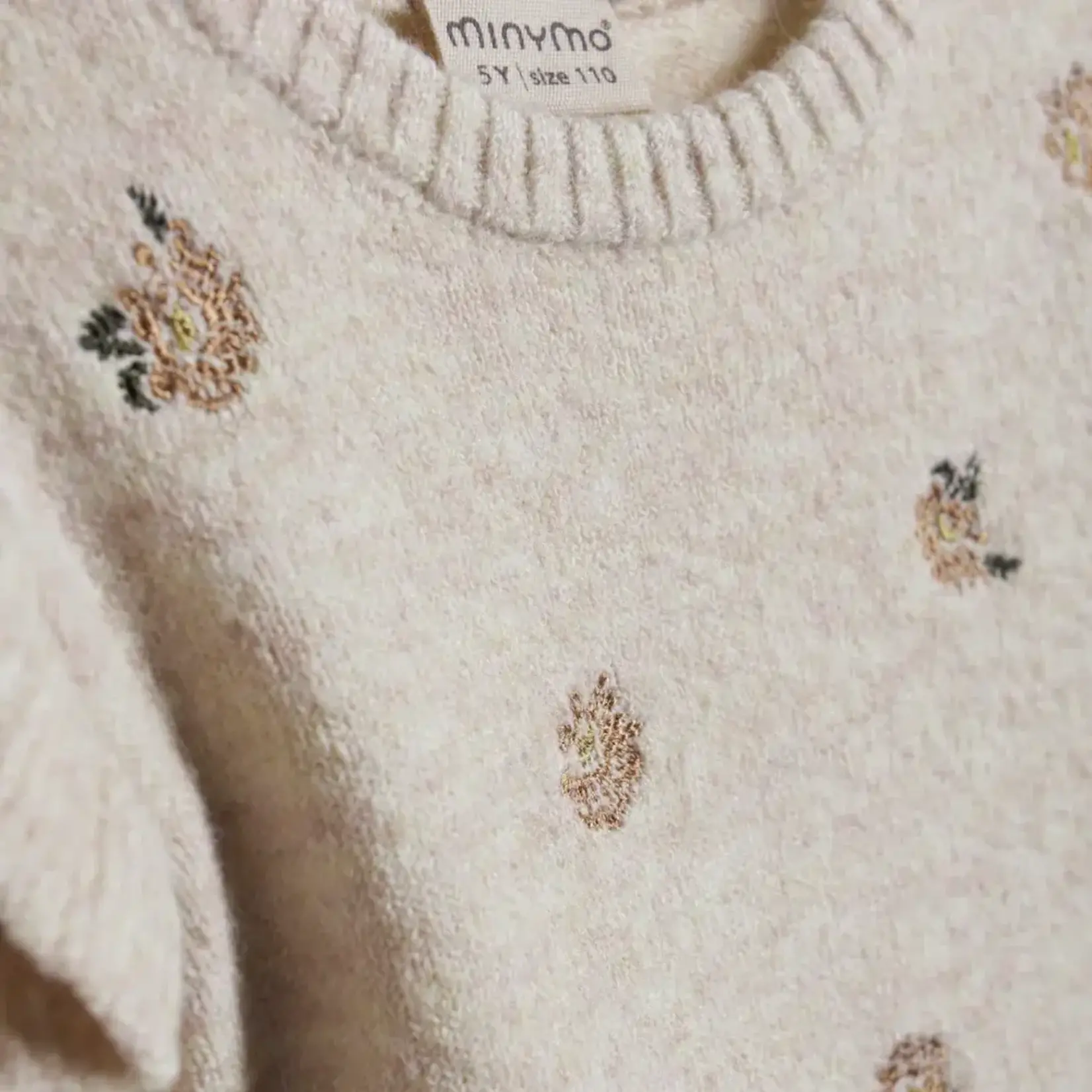 Minymo MINYMO - Heather Beige Knit Sweater with Flower Embroidery and Ruffles