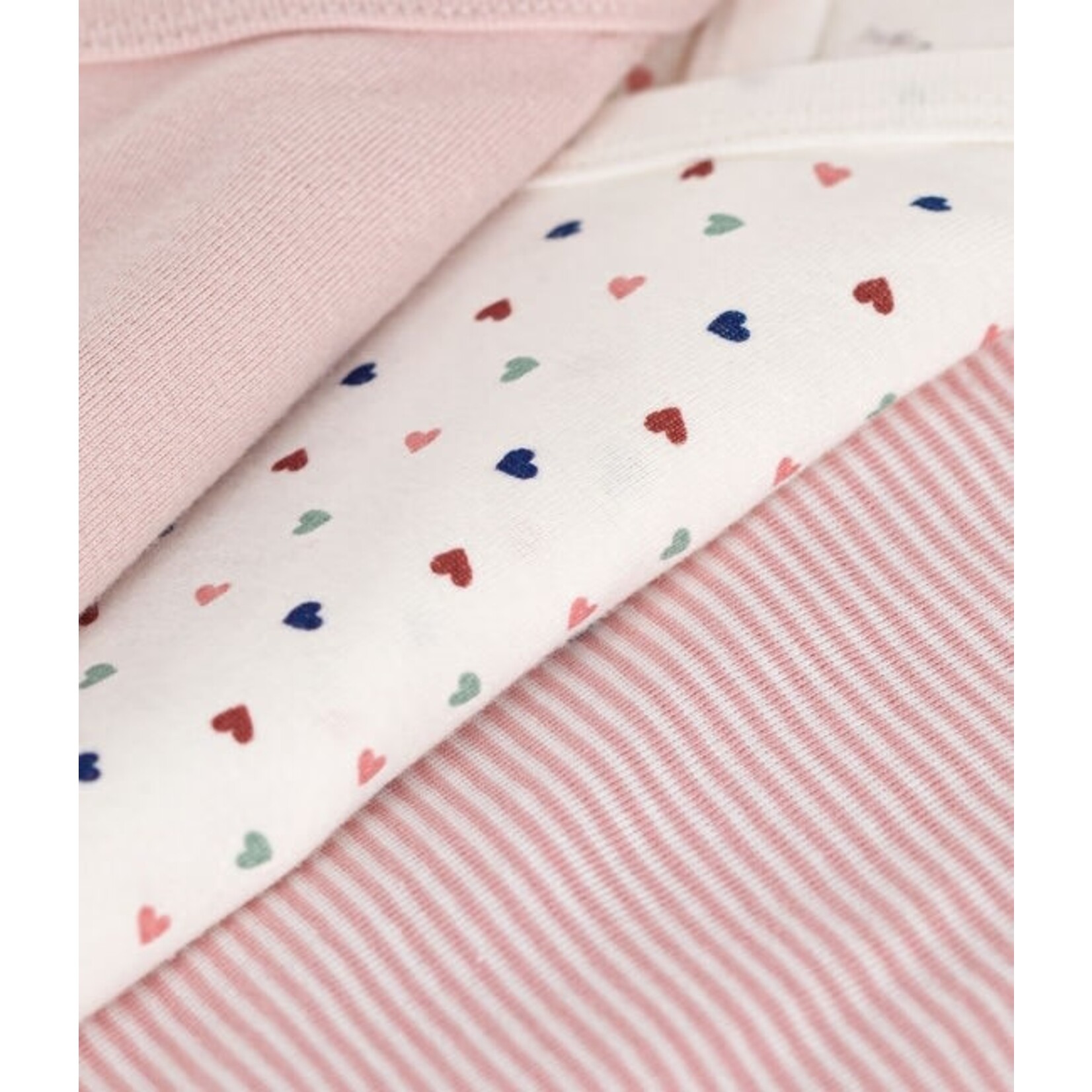 Petit Bateau PETIT BATEAU - Set of 3 Wrapover Long Sleeve Bodysuits 'Multicolored hearts, pink milleraie stripes, solid pink'