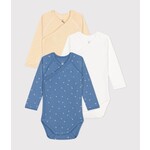 Petit Bateau PETIT BATEAU - Set of 3 Wrapover Long Sleeve Bodysuits 'Blue with dog paw print/Yellow milleraies/Solid white'