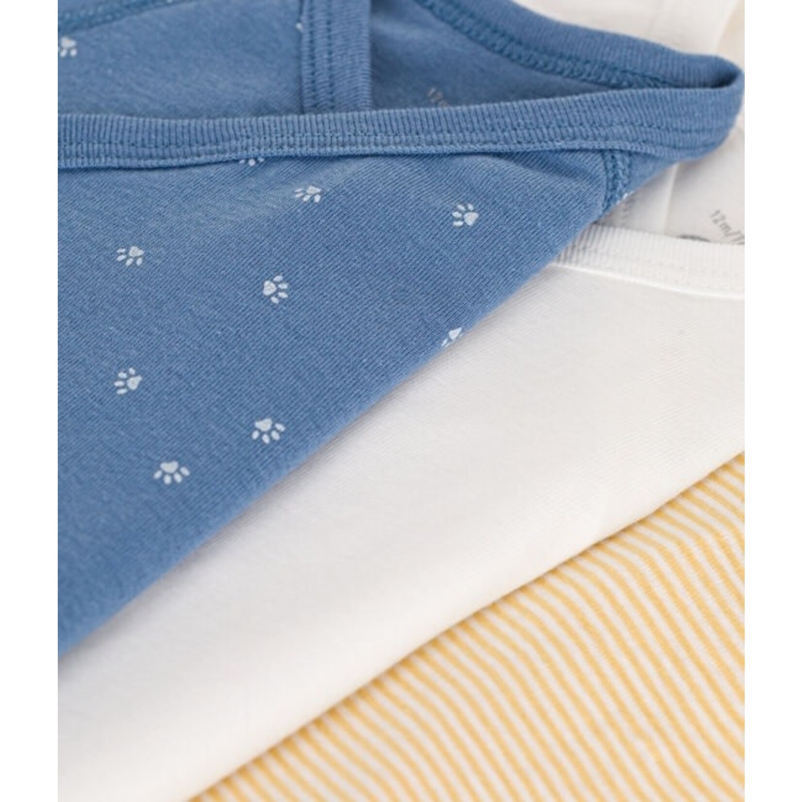 Petit Bateau PETIT BATEAU - Set of 3 Wrapover Long Sleeve Bodysuits 'Blue with dog paw print/Yellow milleraies/Solid white'