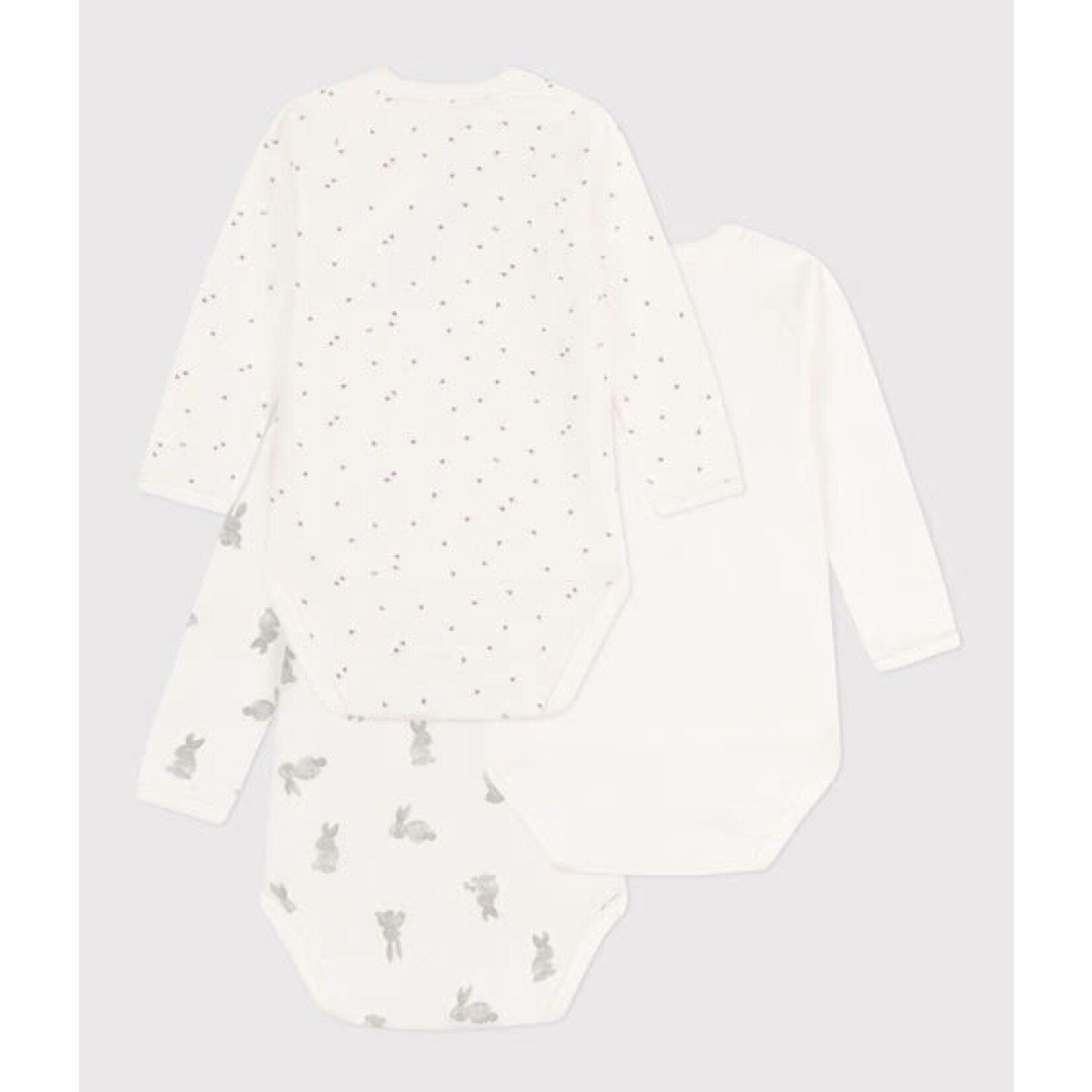 Petit Bateau PETIT BATEAU -  Set of 3 Wrapover Long Sleeve Bodysuits 'White clouds, small white stars, solid white'