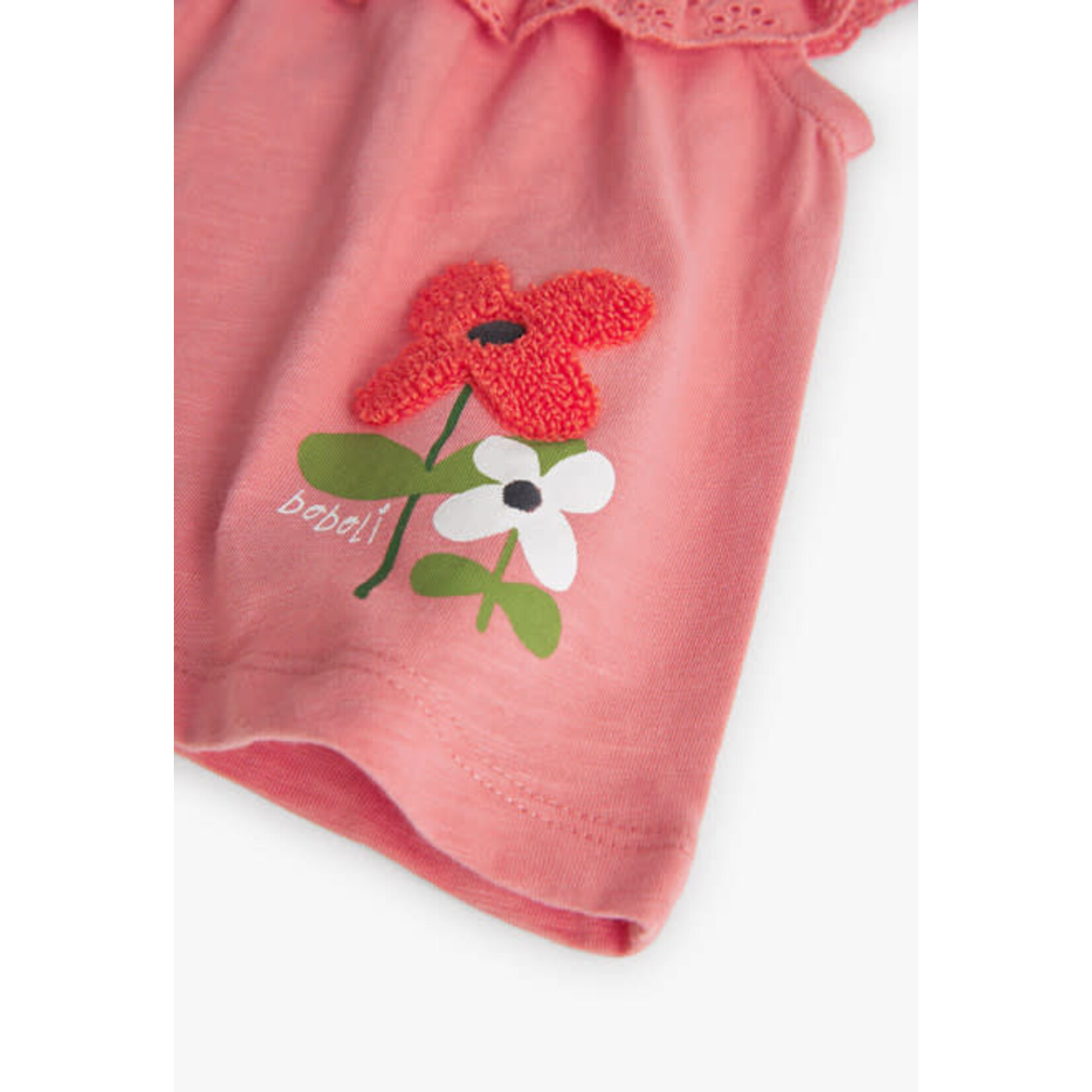Boboli BOBOLI - Pink shortsleeve t-shirt with frills and flower print