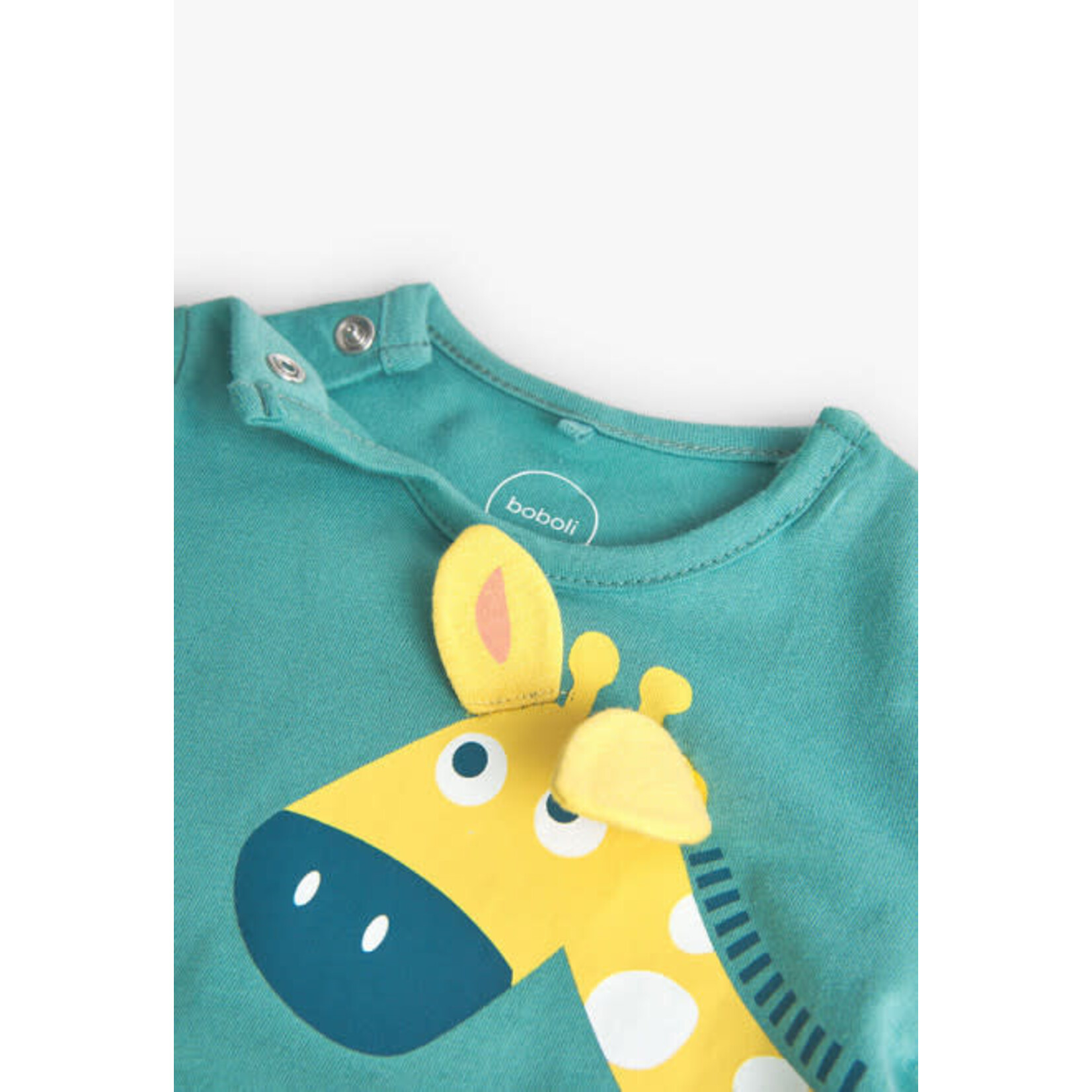 Boboli BOBOLI - Turquoise romper with yellow polka dot giraffe wrap around print