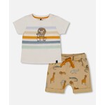 Deux par Deux DEUX PAR DEUX - Two-piece Set - Striped T-Shirt and Beige Short with Safari Print 'Animal Adventures'