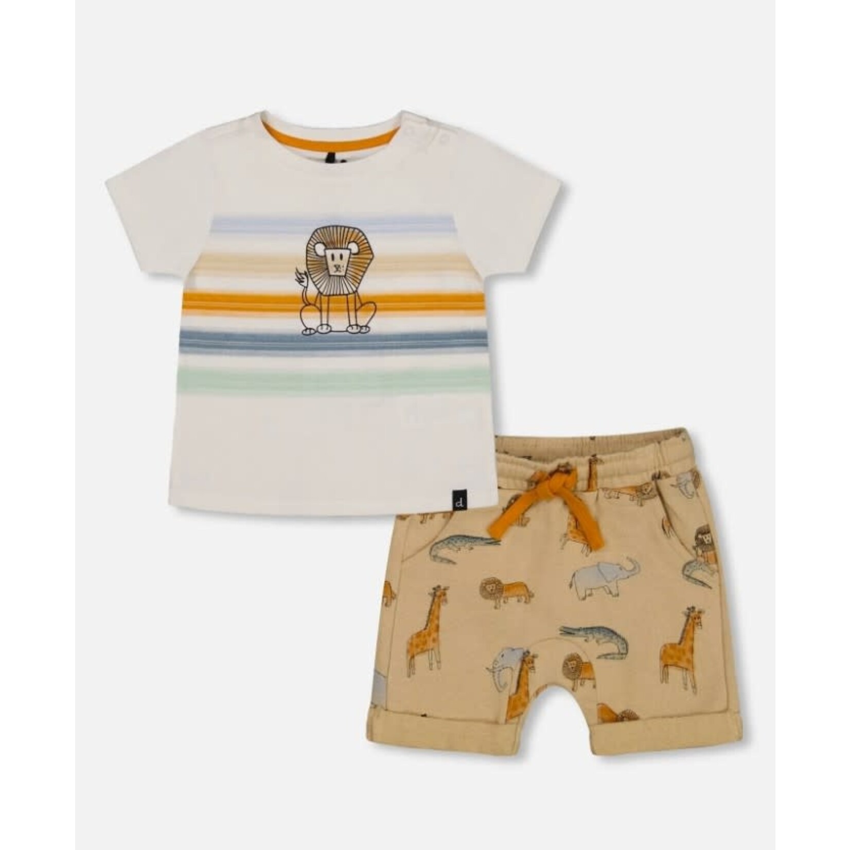 Deux par Deux DEUX PAR DEUX - Two-piece Set - Striped T-Shirt and Beige Short with Safari Print 'Animal Adventures'