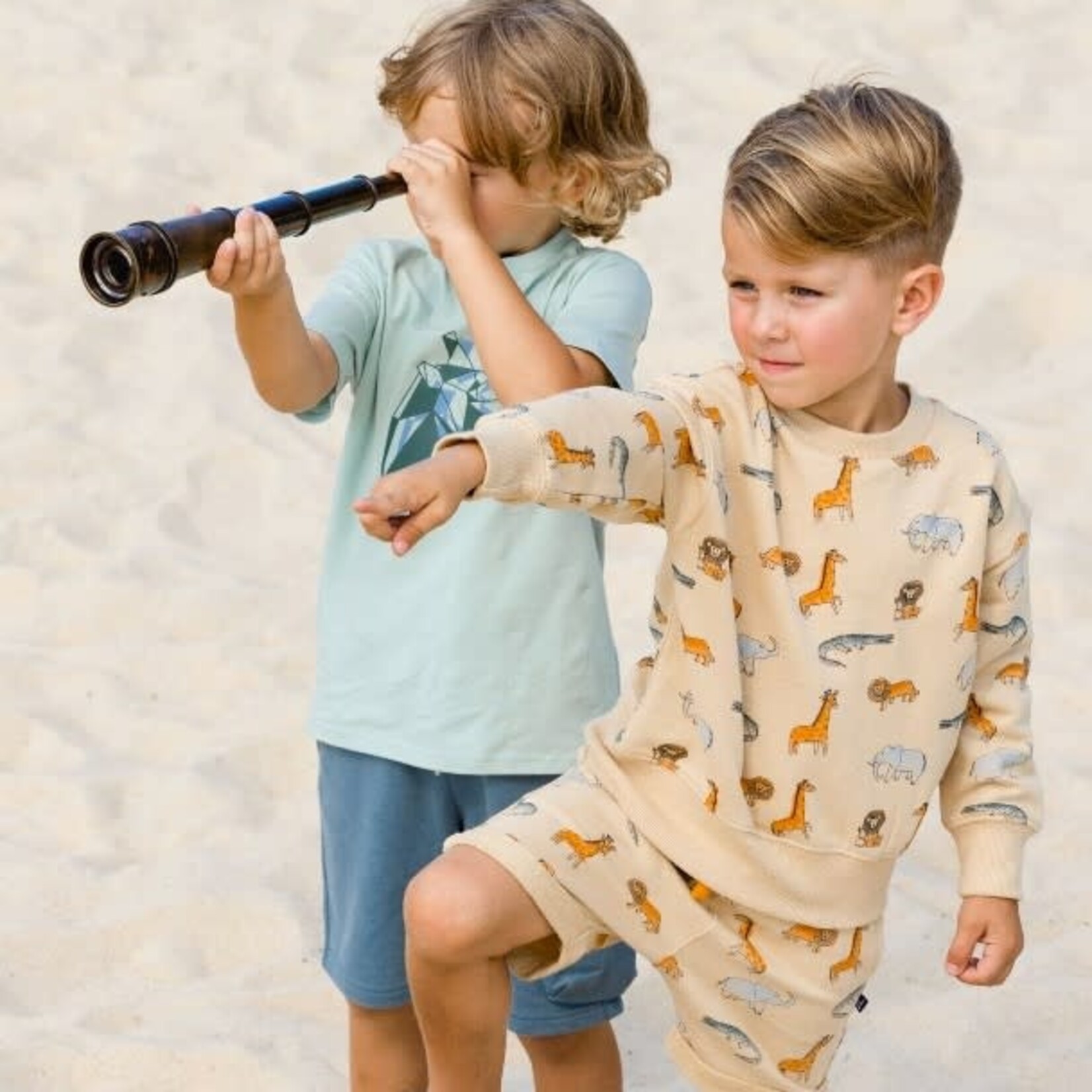 Deux par Deux DEUX PAR DEUX - French Terry Beige Sweatshirt with Safari Print 'Animal Adventures'