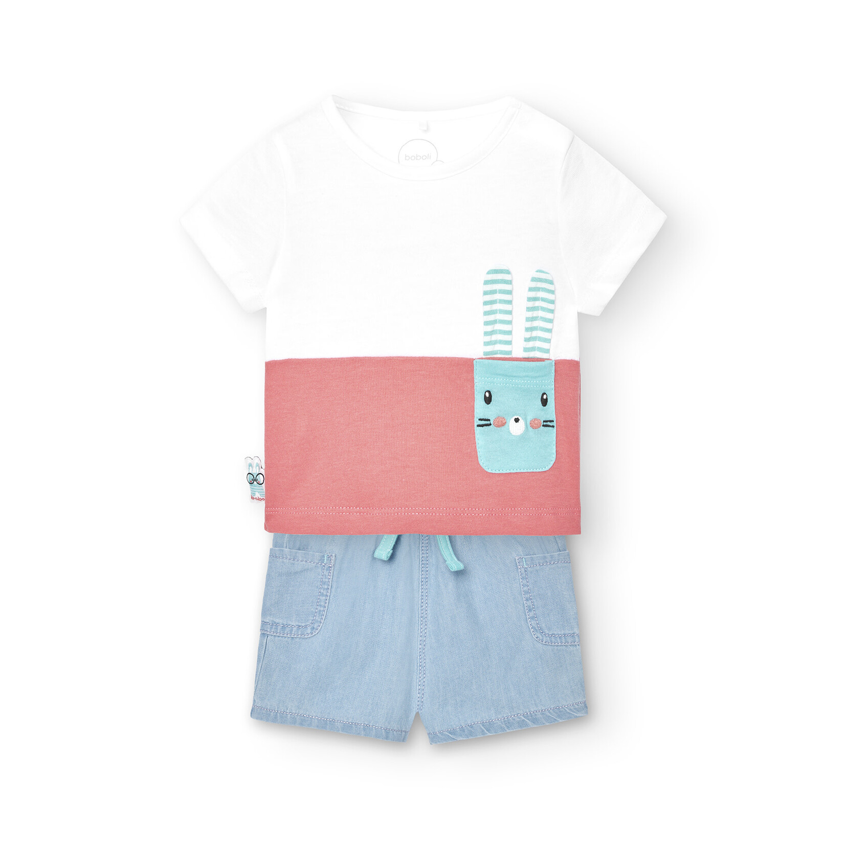 Boboli BOBOLI -  Two-piece set with white and coral striped t-shirt and soft denim shorts with rabbit pocket