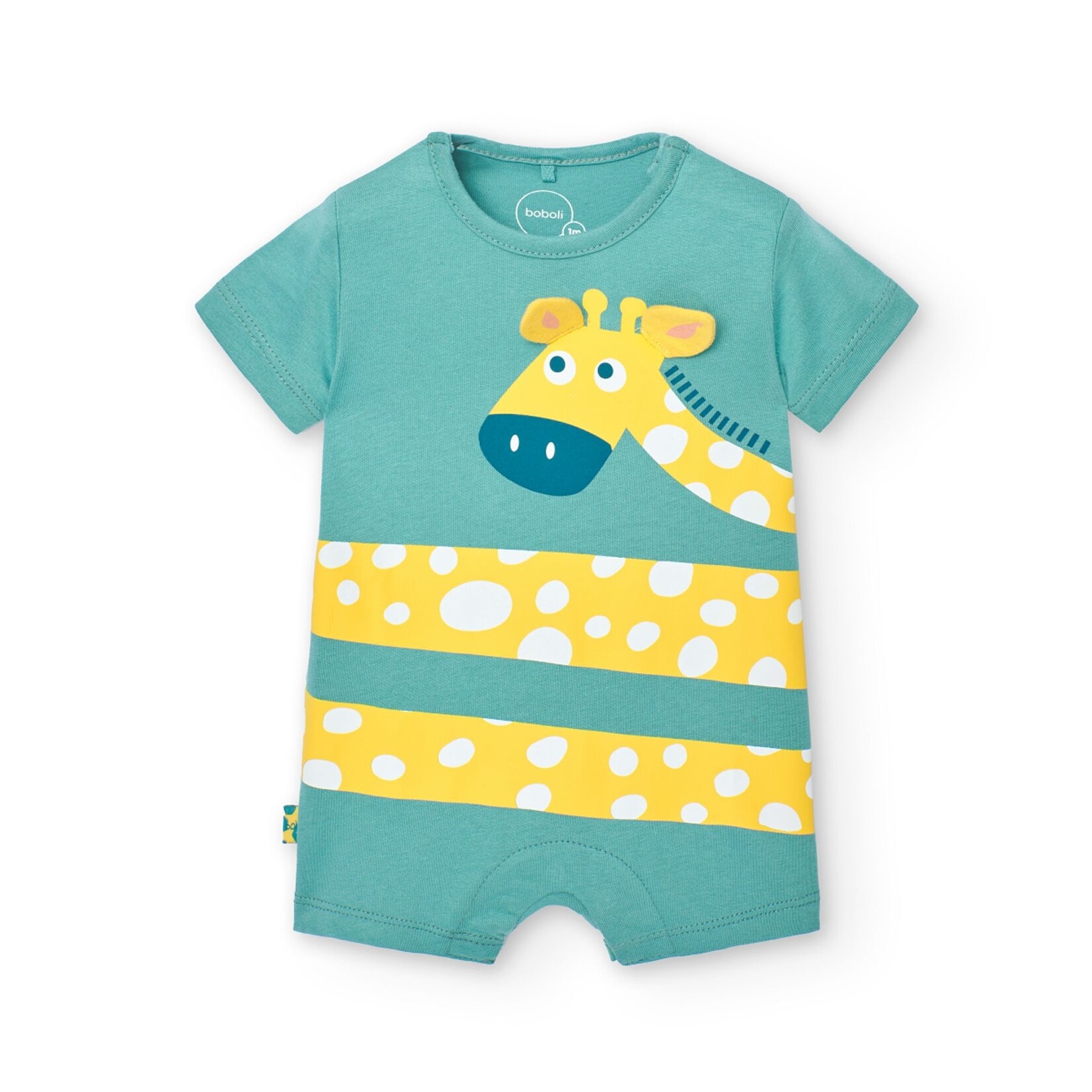 Boboli BOBOLI - Turquoise romper with yellow polka dot giraffe wrap around print