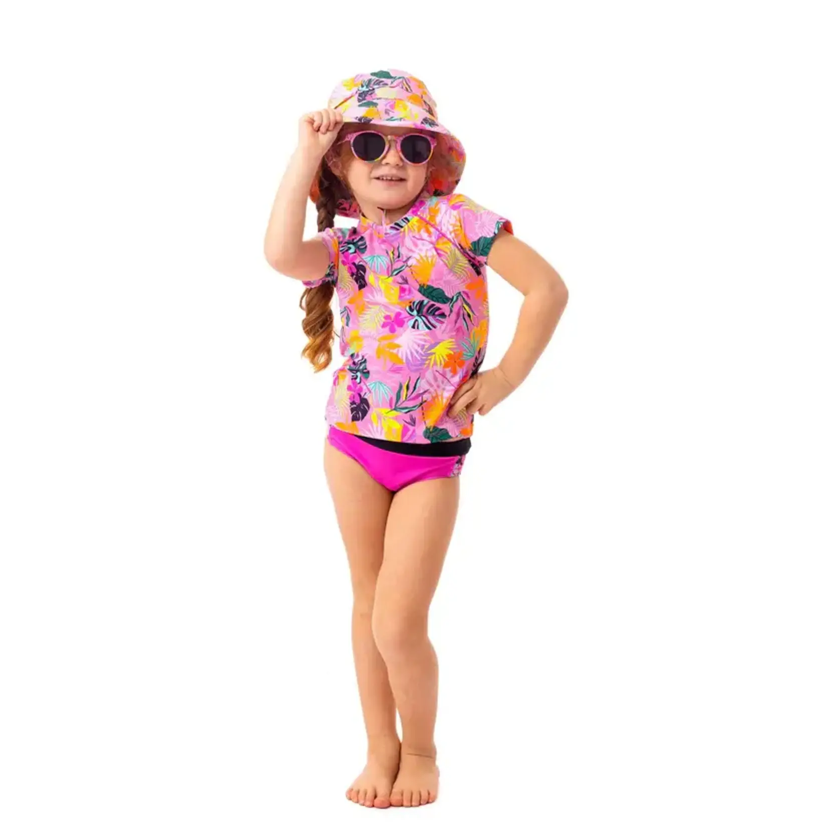 Nanö NANÖ - Maillot de bain deux-pièce avec haNANÖ - Two-piece fuchsia Rashguard Swimsuit with tropical printut t-shirt et imprimé feuille tropical