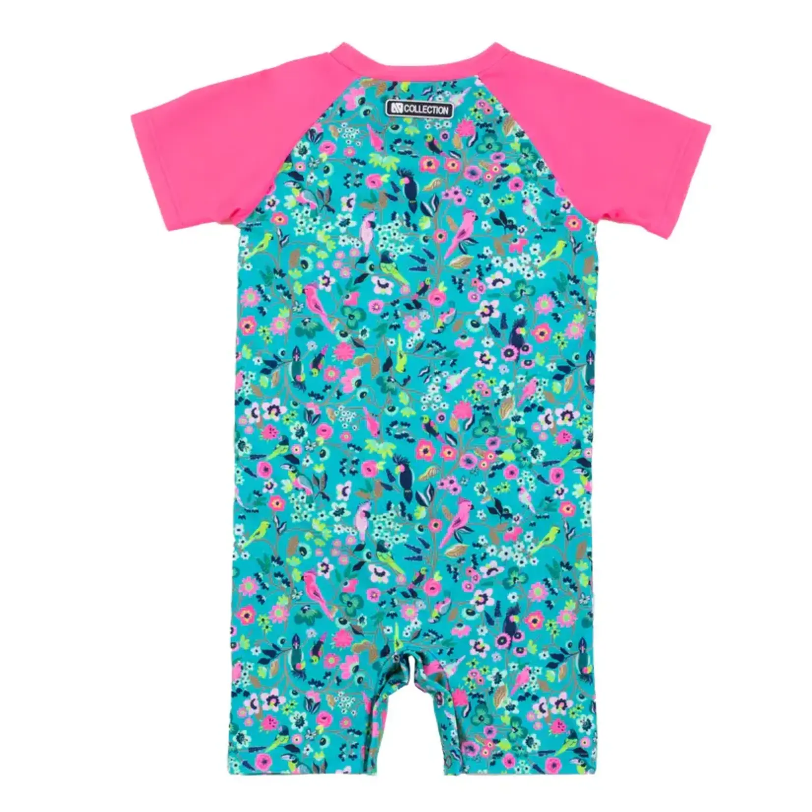 Nanö NANÖ - One-piece turquoise Rashguard Swimsuit with short Pink Sleeves and Flower Print