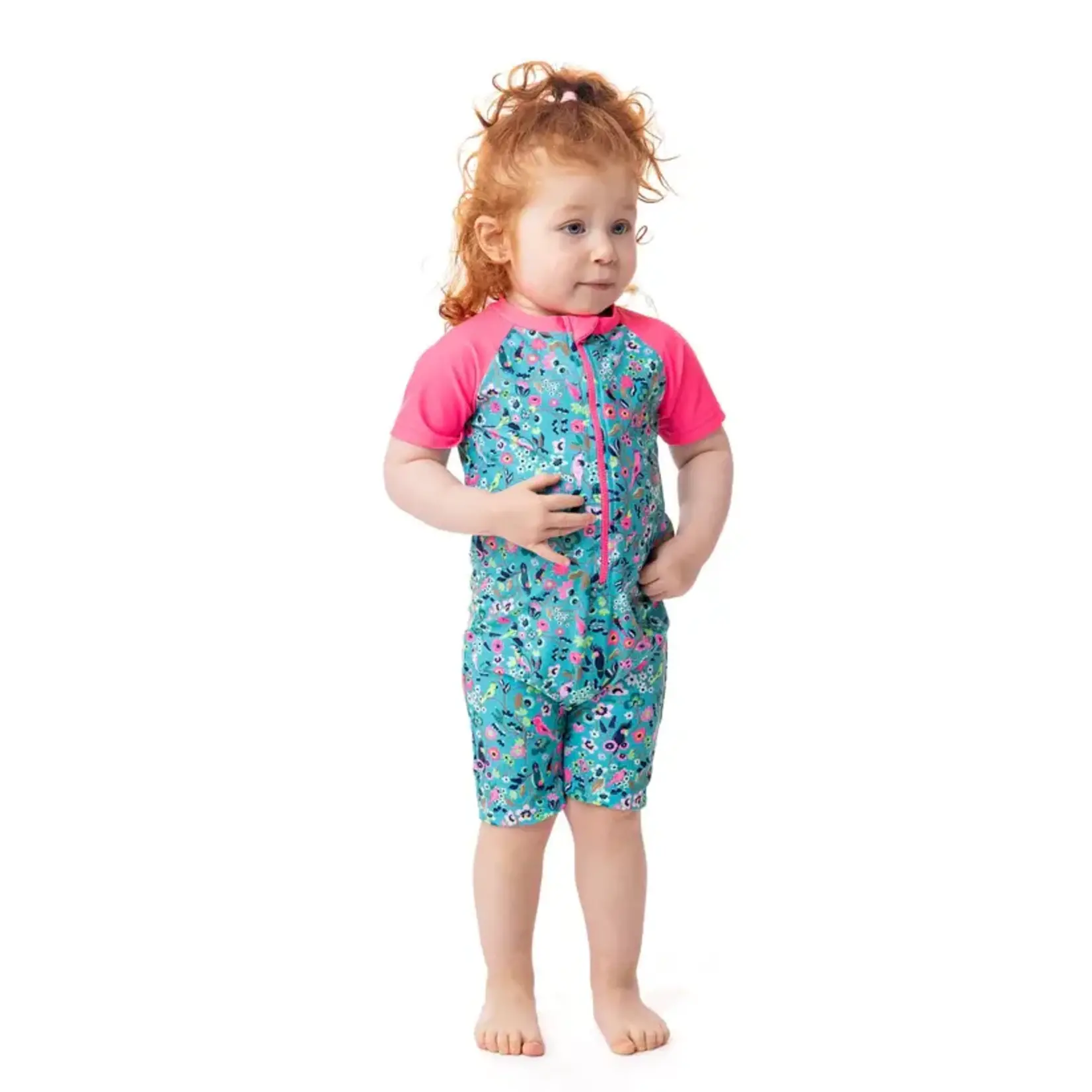 Nanö NANÖ - One-piece turquoise Rashguard Swimsuit with short Pink Sleeves and Flower Print
