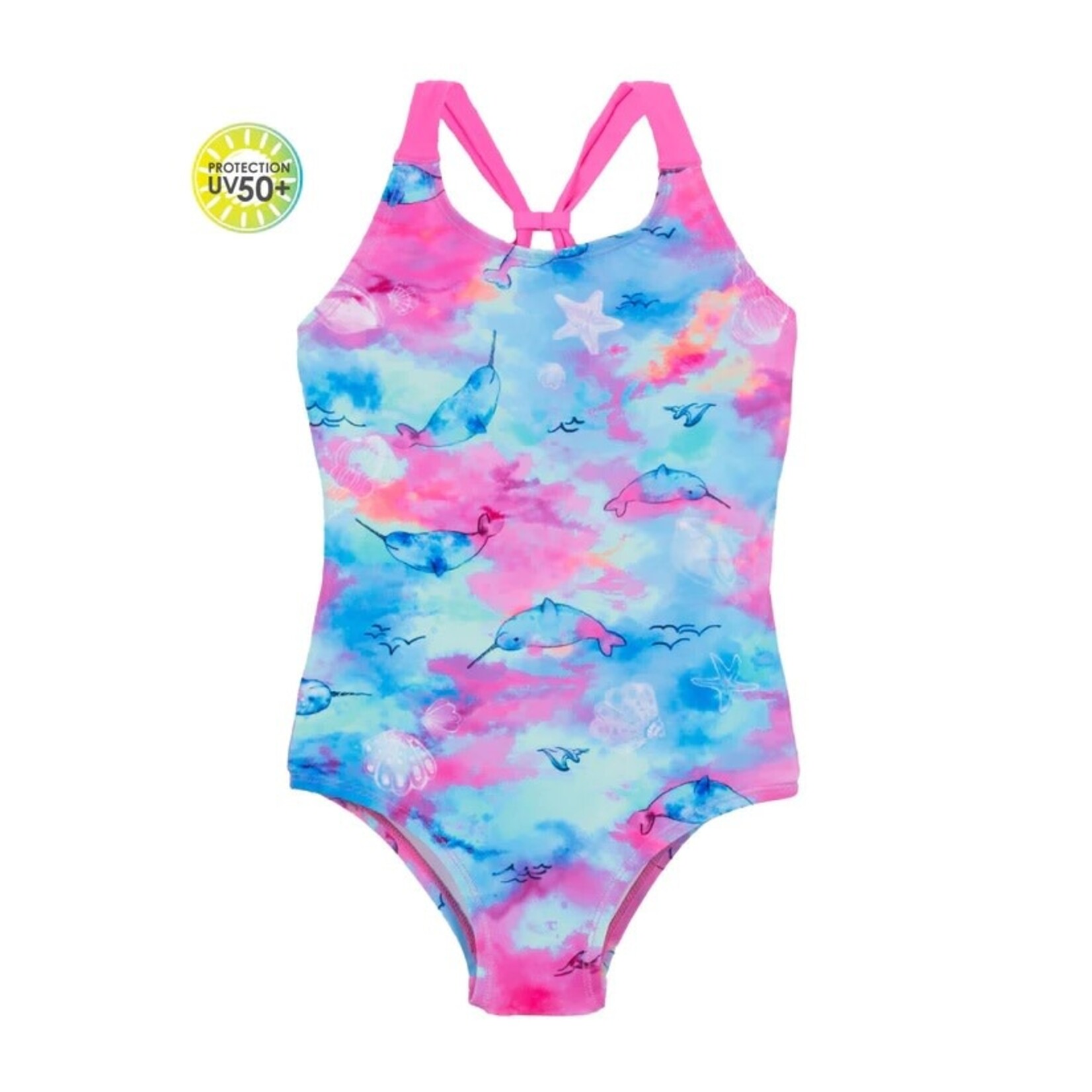 Nanö NANÖ - One-piece turquoise and pink swimsuit with narwals print