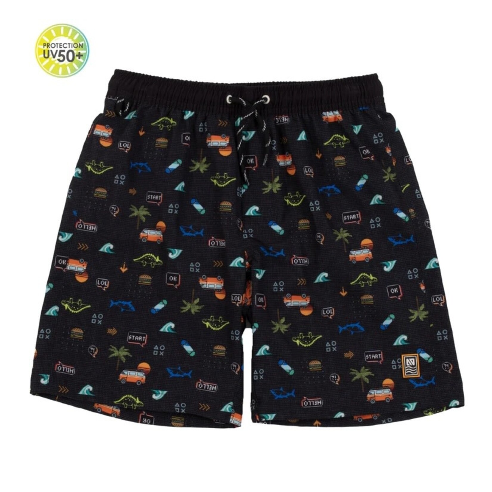 Nanö NANÖ - Black swimming shorts with van, waves and dinosaur print