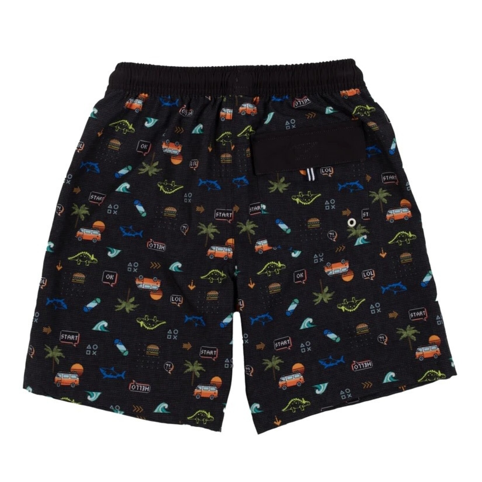 Nanö NANÖ - Black swimming shorts with van, waves and dinosaur print