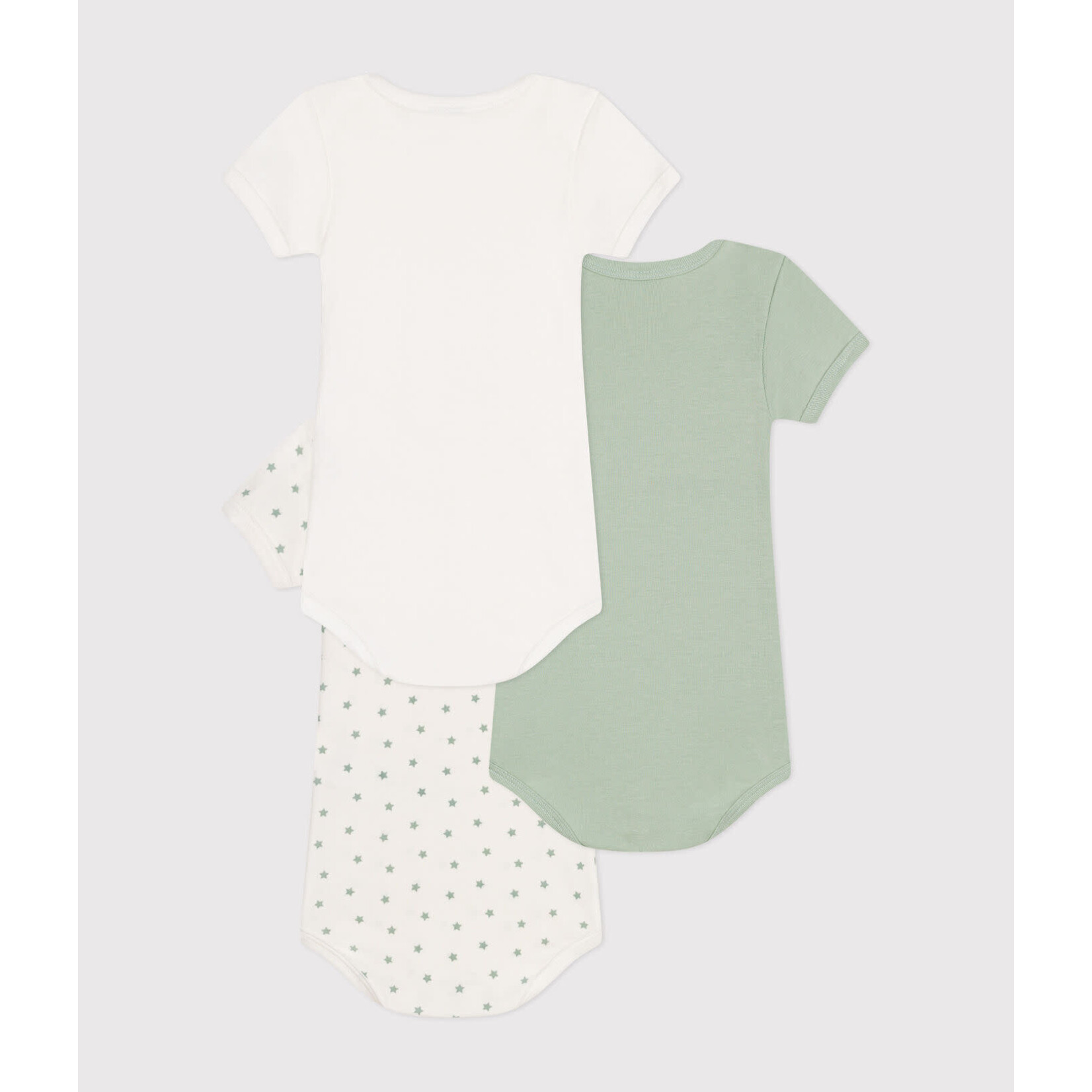 Petit Bateau PETIT BATEAU - Set of 3 Round Neck Short Sleeve Bodysuits 'Stars Print/Mint/White