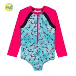 Nanö NANÖ - Fuchsia and Light Blue Long-Sleeved One-Piece Swimsuit with Mermaid Cat Print
