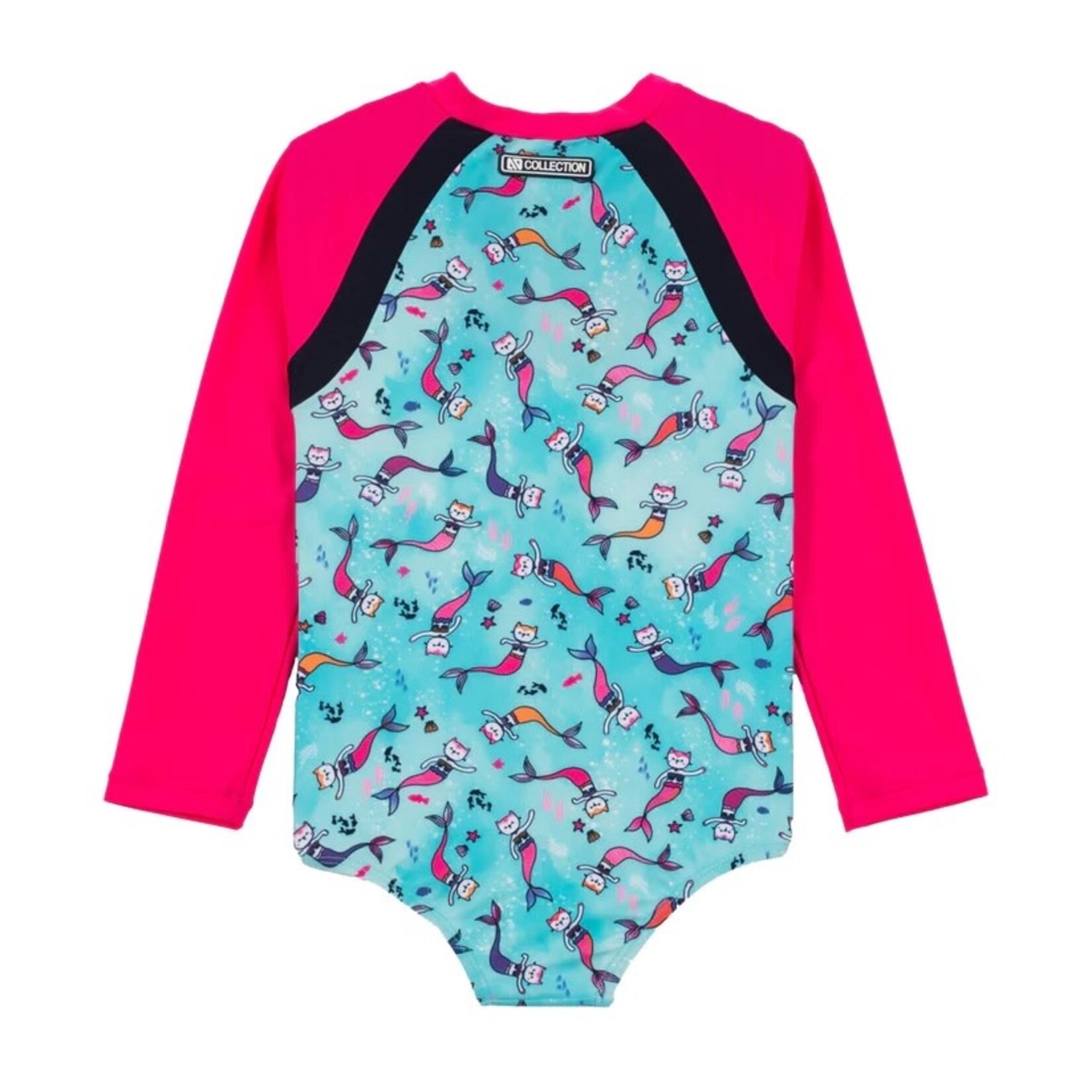 Nanö NANÖ - Fuchsia and Light Blue Long-Sleeved One-Piece Swimsuit with Mermaid Cat Print