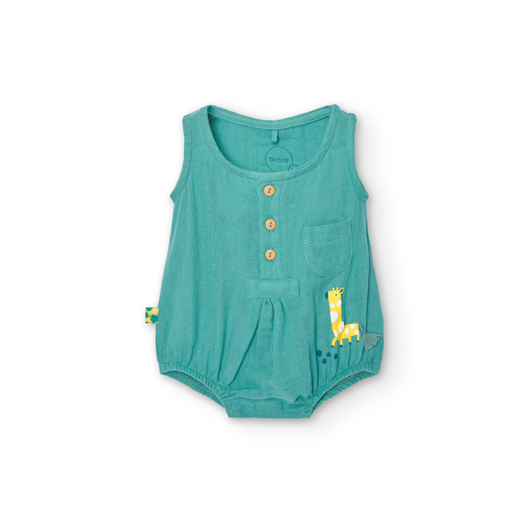 Boboli BOBOLI - Turquoise sleeveless romper with yellow girafe print