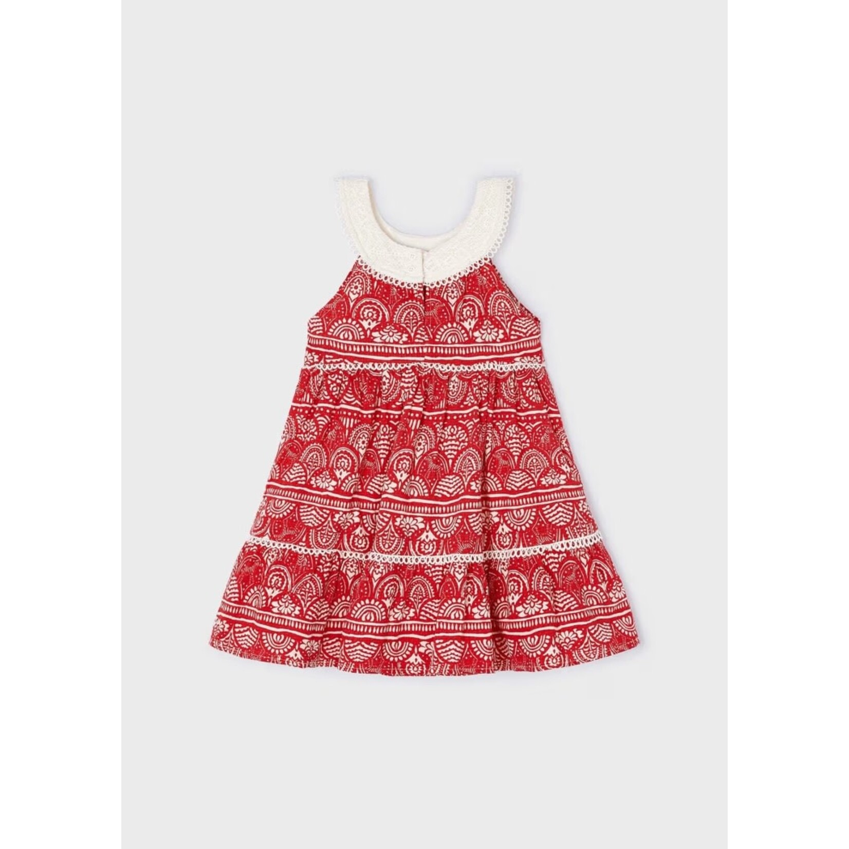 Mayoral MAYORAL - Red Sleeveless Dress with Bohemian Print, Guipure Collar and Matching Bag
