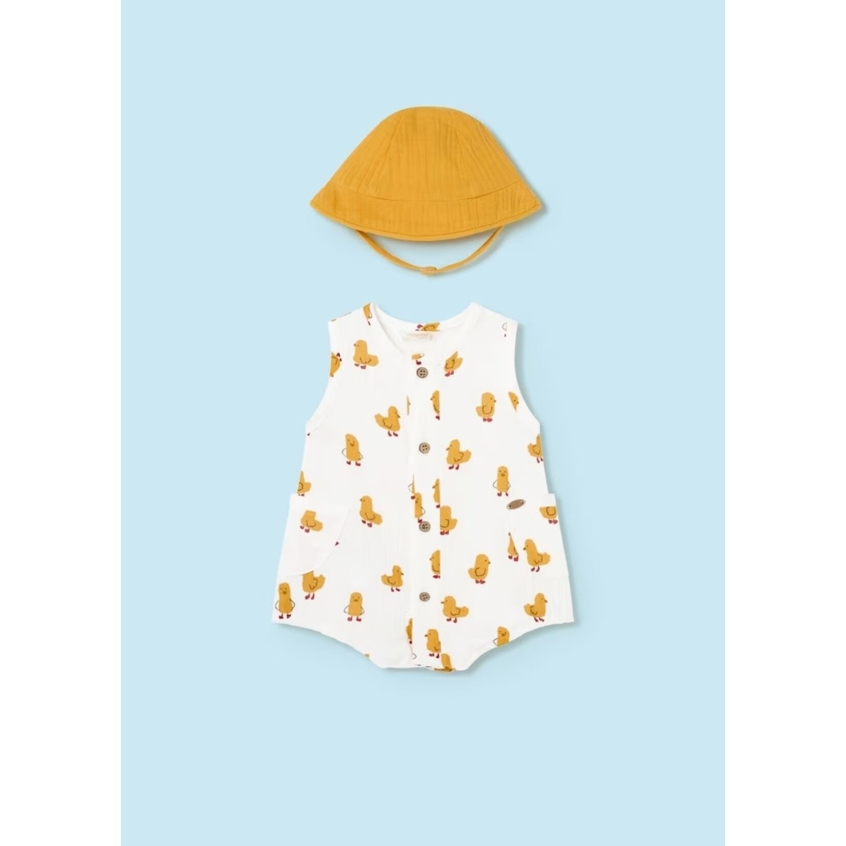 Mayoral MAYORAL - White Muslin Romper with Duckling Print and Matching Yellow Hat