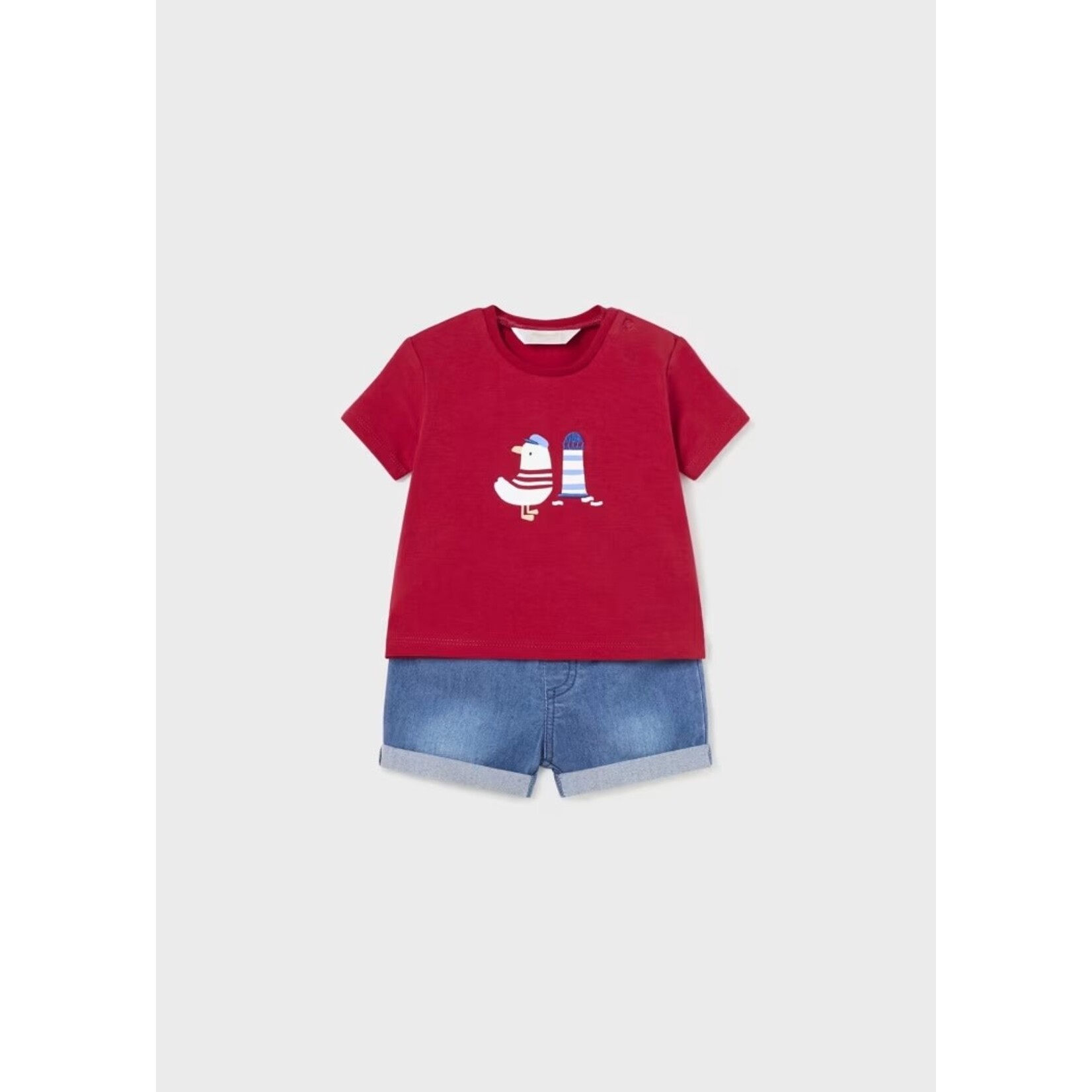 Mayoral MAYORAL - Two-Piece Set - Red T-Shirt with Sea Bird Print and Soft Denim Shorts