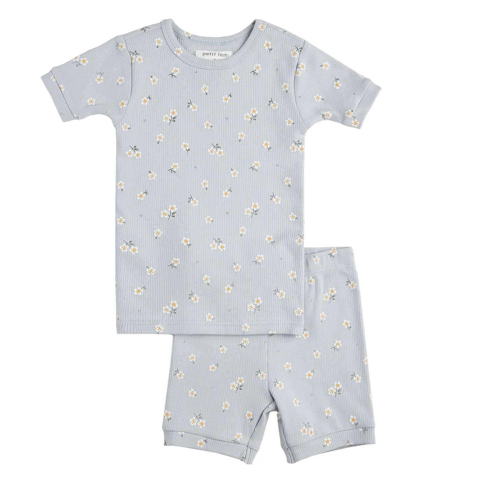 Petit Lem PETIT LEM - Powder blue ribbed modal short pajamas set with daisy print (2 pcs.)