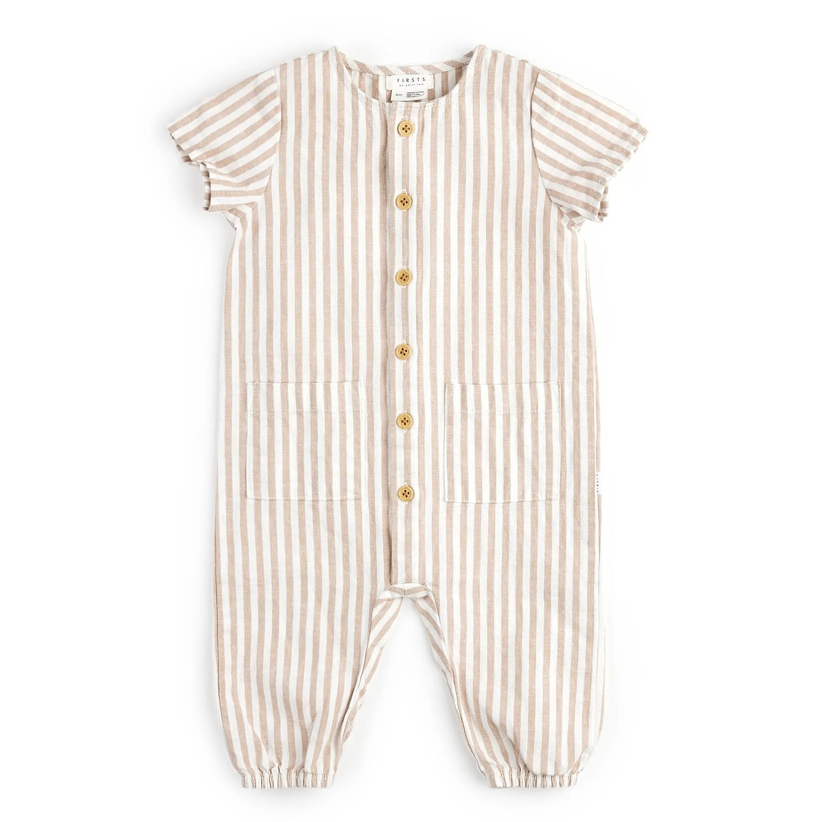 Petit Lem PETIT LEM - White jumpsuit with beige stripes with buttons and pockets on the front