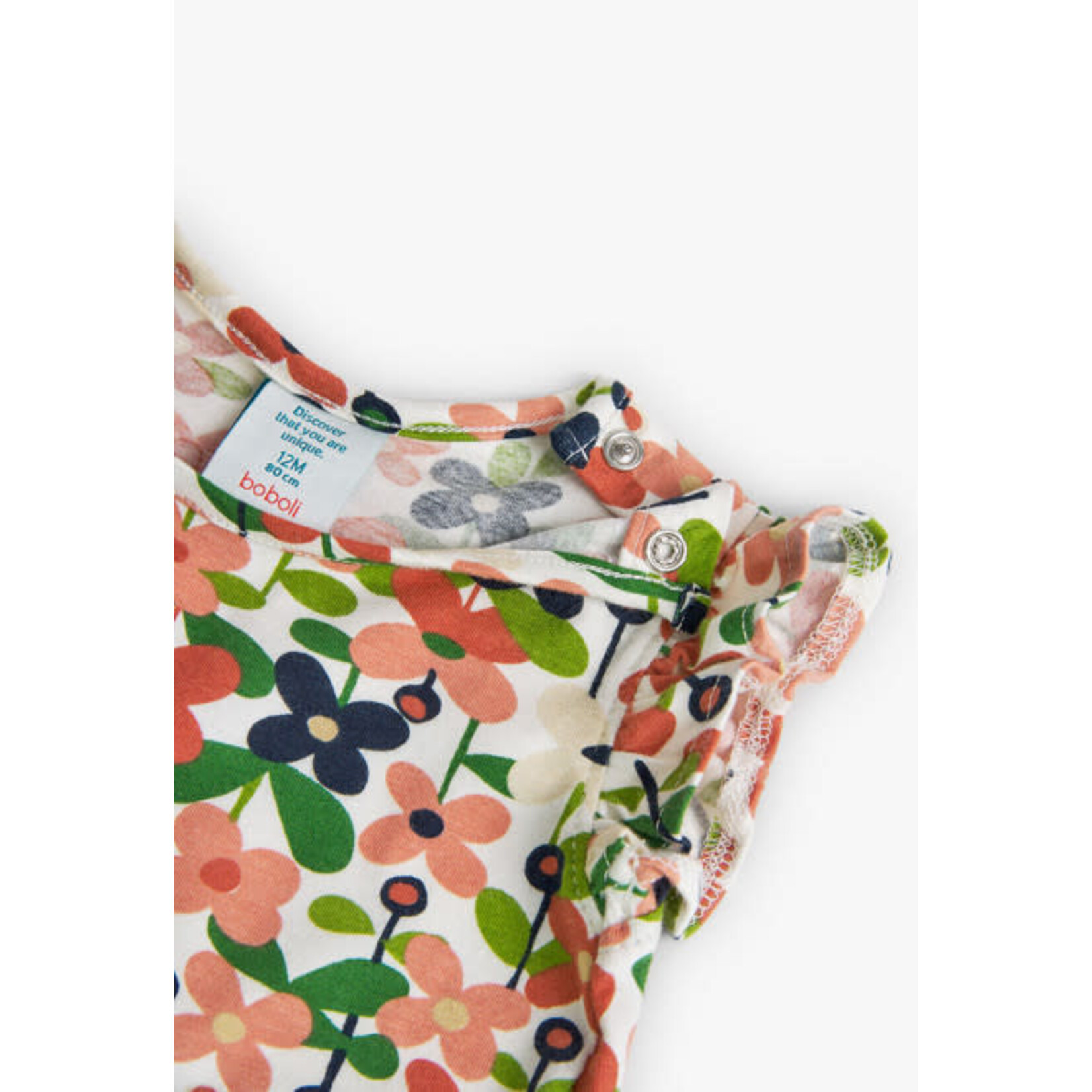 Boboli BOBOLI - Ecru Short Sleeve T-Shirt with Flower Pattern and Ruffles