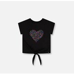 Deux par Deux DEUX PAR DEUX - Black Organic Cotton T-Shirt with Knot and Heart Appliqué 'Paparazzi Girls'