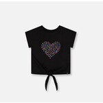 Deux par Deux DEUX PAR DEUX - T-shirt noir en coton biologique avec noeud et appliqué coeur 'Vive les copines!'