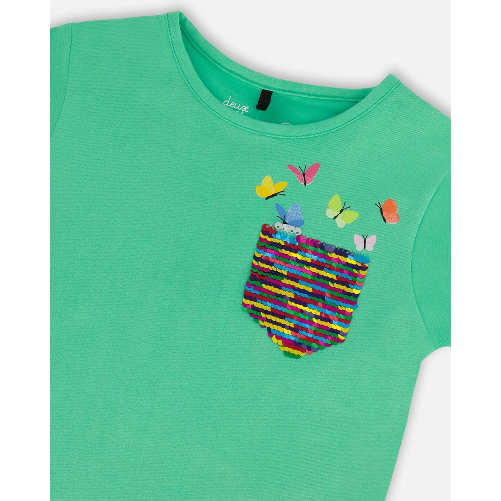 Deux par Deux DEUX PAR DEUX - Spring Green T-Shirt with Sequin Pocket and Print 'Dancing Butterflies'