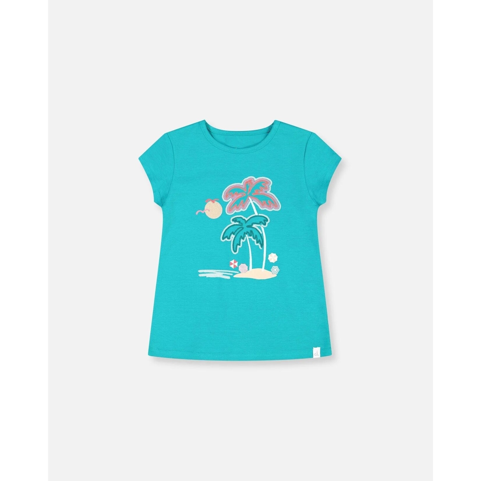 Deux par Deux DEUX PAR DEUX - T-Shirt turquoise  en coton biologique avec imprimé de palmiers 'Vacances dans les îles'