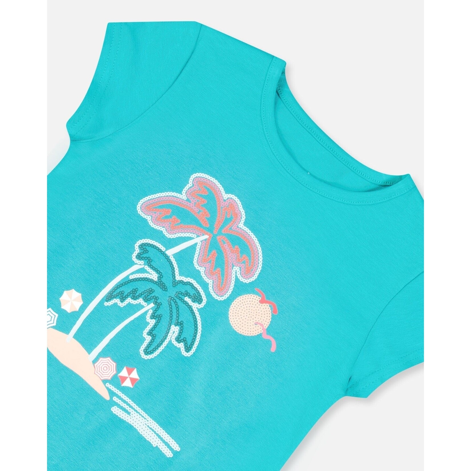 Deux par Deux DEUX PAR DEUX - T-Shirt turquoise  en coton biologique avec imprimé de palmiers 'Vacances dans les îles'