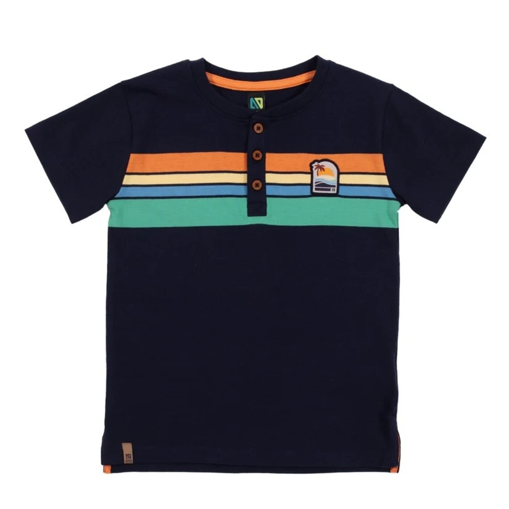 Nanö NANÖ - T-shirt à manches courtes marine avec fines rayures bleu clair, jaune, orange, vert menthe - 'Cap sur la méditerranée'