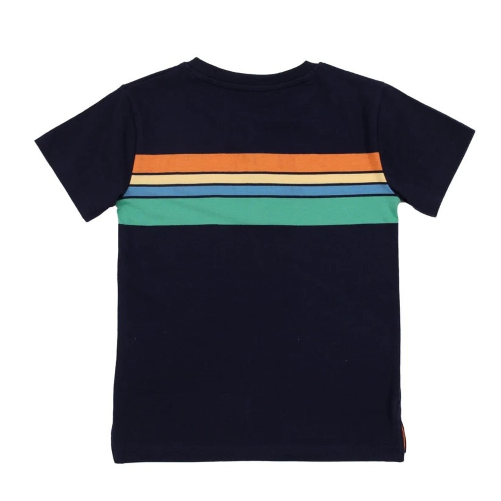 Nanö NANÖ - Navy short-sleeved t-shirt with thin light blue, yellow, orange, mint green stripes - 'Cap sur la méditerranée'