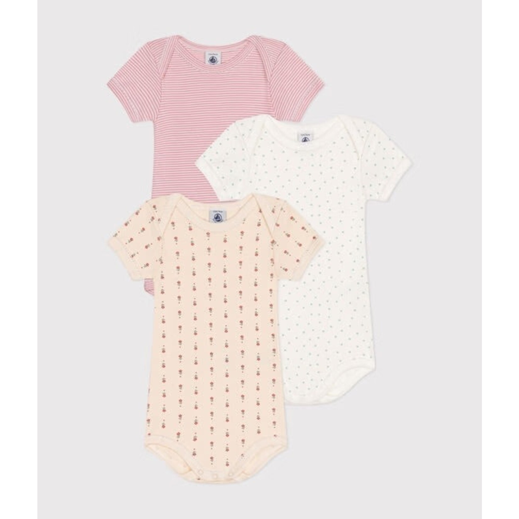 Petit Bateau PETIT BATEAU - Set of 3 short-sleeved onesies with round neck 'Pink stripes/small mint green hearts/flowers on beige background'