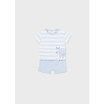 Mayoral MAYORAL - Two-piece Set - Light Blue Striped T-Shirt with Duckling Pocket and Light Blue Shorts